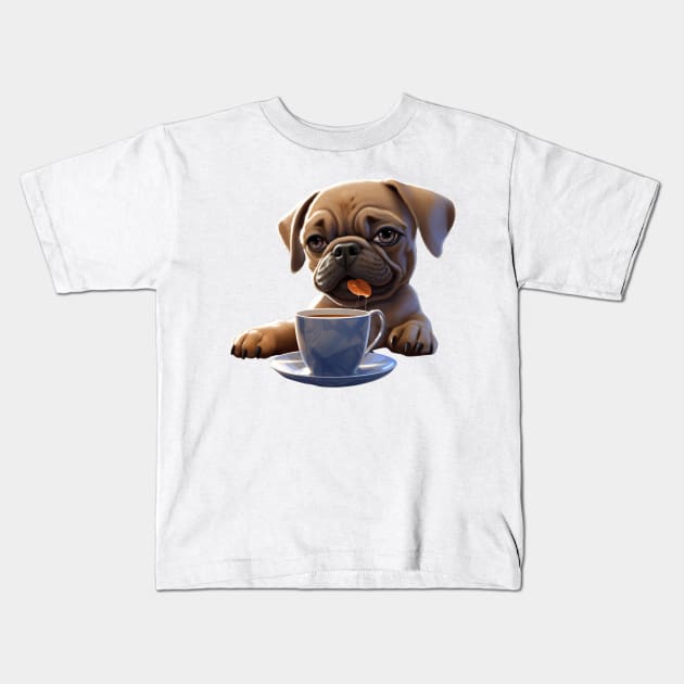 Morning Tea Time Pug Kids T-Shirt by vk09design